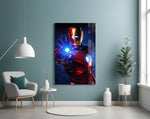 Iron Man glass wall art styled above a desk in a kids room