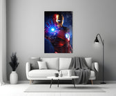 Iron Man close-up showing armored hero with glowing repulsor and arc reactor