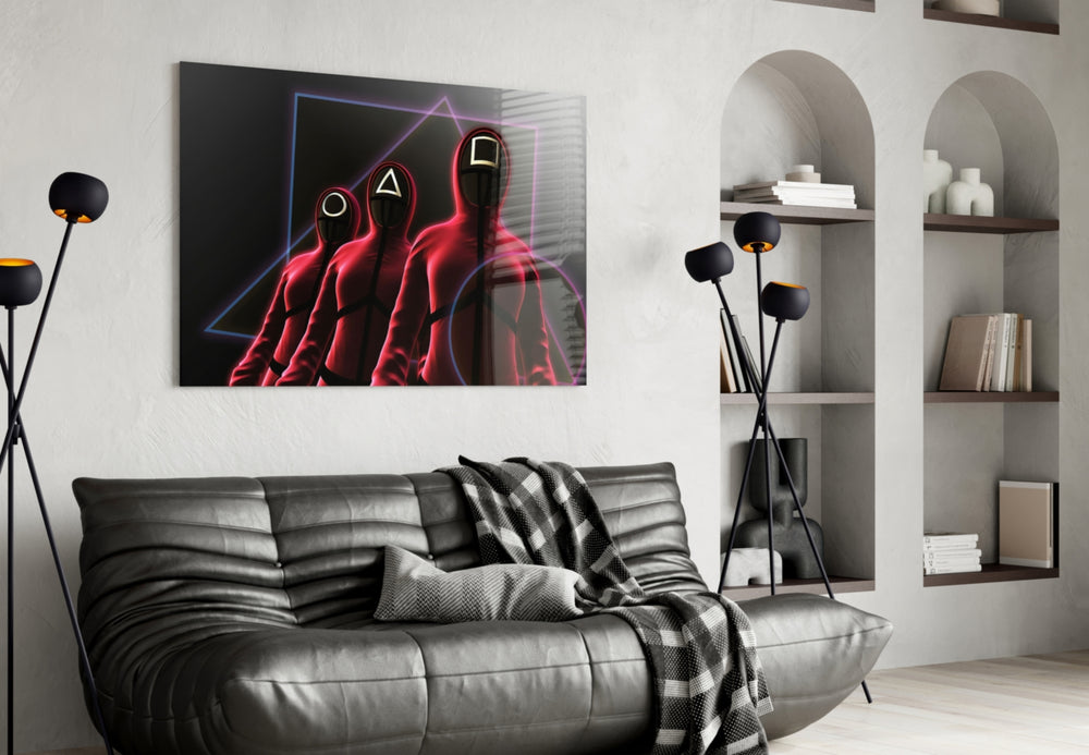 Squid Game glass wall art styled above a desk in a kids room