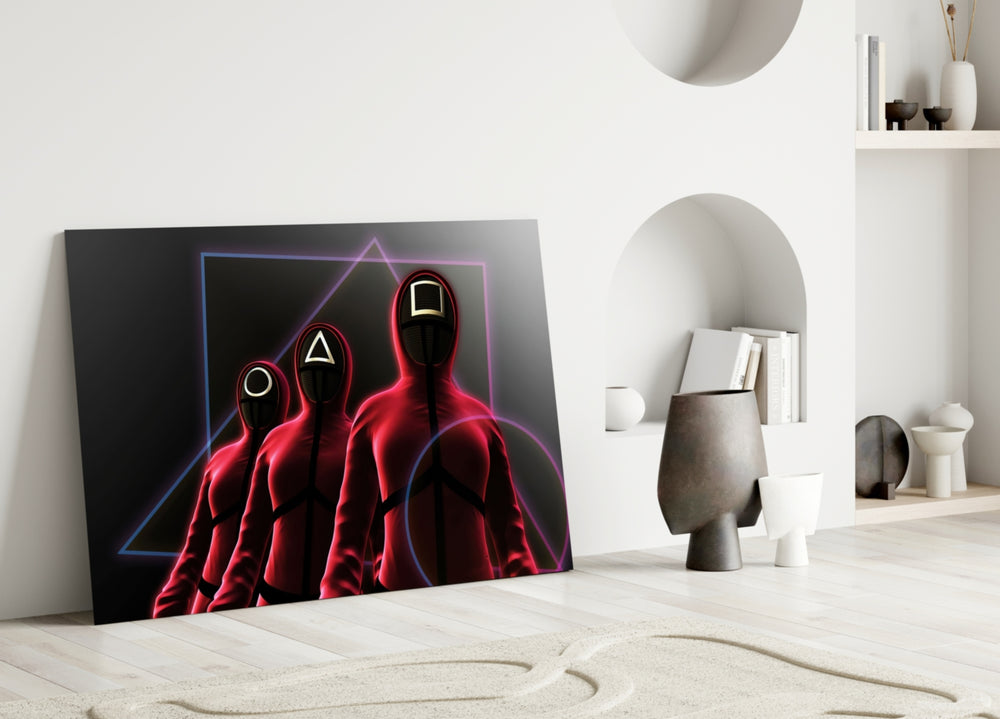 Squid Game close-up showing three scarlet guards with circle triangle square masks