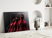 Squid Game close-up showing three scarlet guards with circle triangle square masks