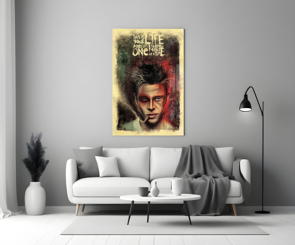 Fight Club close-up showing Tyler Durden with cigarette and one-minute quote