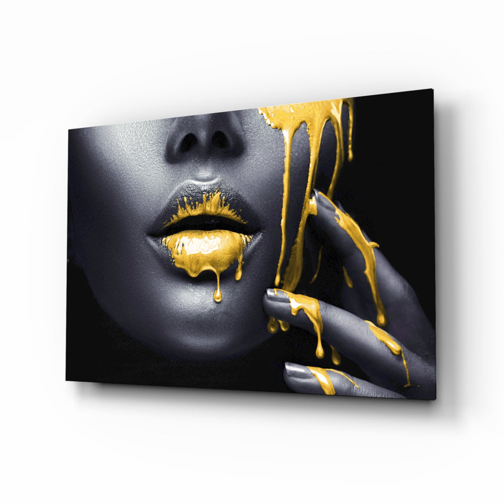 Yellow Lips glass wall art displayed above a charcoal velvet bed in a moody slate bedroom with brushed-brass sconces and onyx nightstands