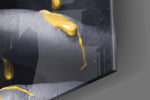Yellow Lips artwork anchoring a wall with dark glamorous palette