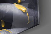 Yellow Lips artwork anchoring a wall with dark glamorous palette