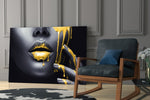 Yellow Lips glass print enhancing a bathroom with cinematic gravity