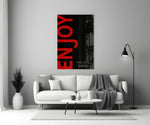 Enjoy The Little Things close-up showing crimson ENJOY type and pale serif tagline