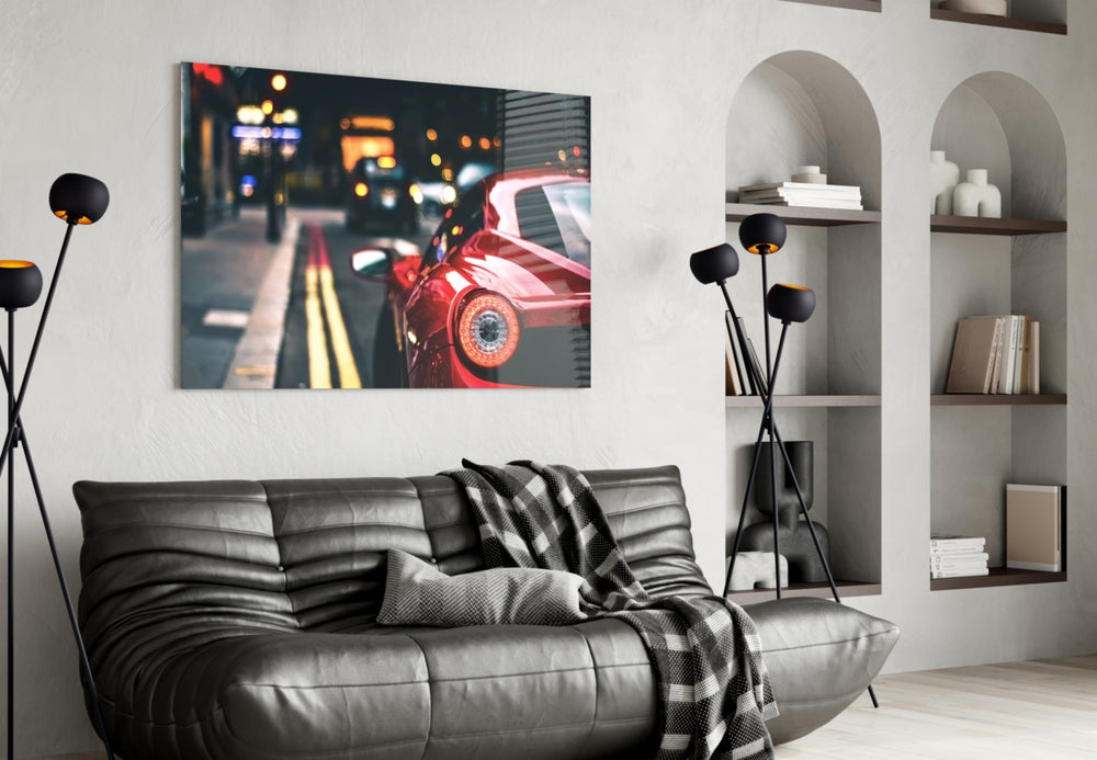 Ferraris Red glass wall art styled above a sofa in a man cave