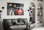 Ferraris Red glass wall art styled above a sofa in a man cave