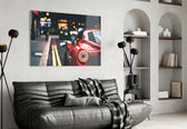 Ferraris Red glass wall art styled above a sofa in a man cave