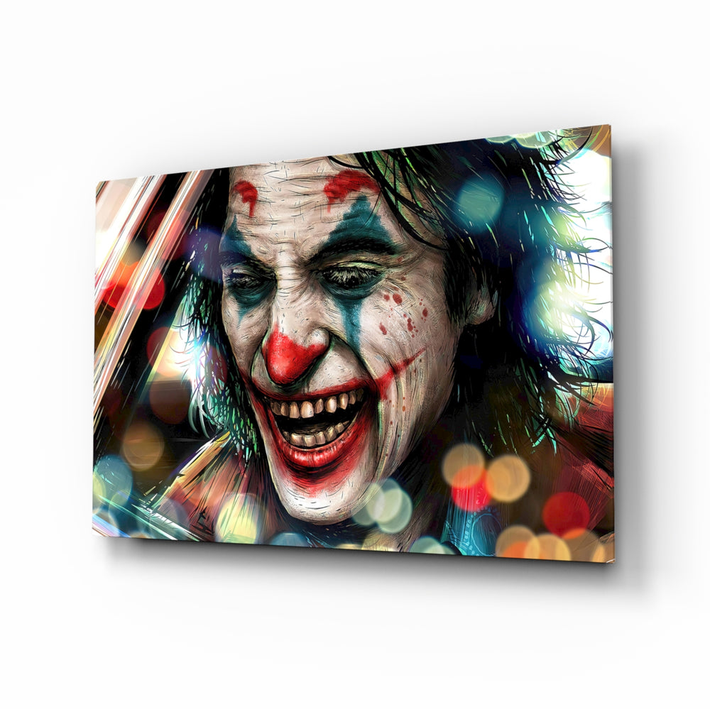 Jokers Laugh glass wall art displayed above a leather chesterfield in a brick-walled home theater with reclaimed-wood console and projector screen