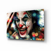 Jokers Laugh glass wall art displayed above a leather chesterfield in a brick-walled home theater with reclaimed-wood console and projector screen