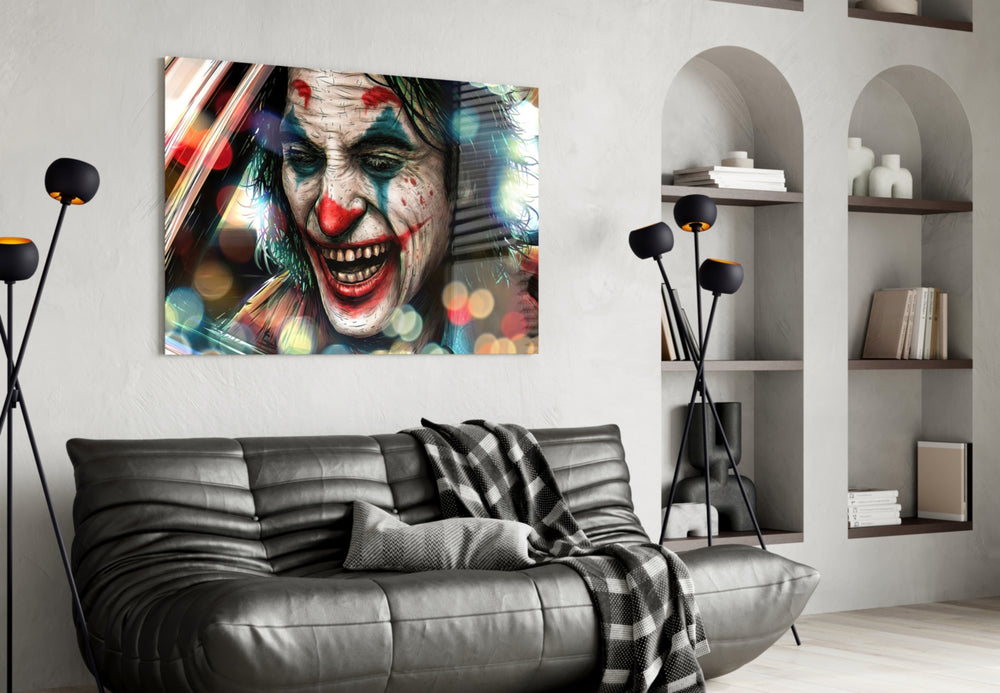 Jokers Laugh glass wall art styled above a sofa in a gaming room