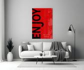 Enjoy The Little Things close-up showing onyx ENJOY type on crimson field with pale tagline