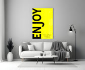 Enjoy The Little Things close-up showing onyx ENJOY type on marigold field with pale tagline