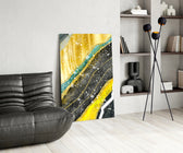 Marble panel adding editorial drama to a dining room