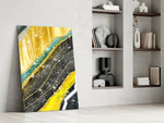 Marble glass print enhancing a living room with cinematic warmth