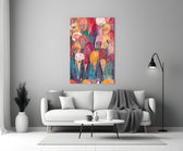 Colorful Trees close-up showing stylized coral indigo and marigold treetops with birds