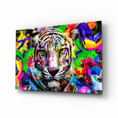 Eye of the Tiger glass wall art displayed above a black gaming sofa in a brick-walled lounge with neon arcade sign and matte-black coffee table