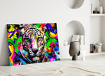 Eye of the Tiger close-up showing striped tiger face amid neon splatter
