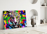 Eye of the Tiger close-up showing striped tiger face amid neon splatter