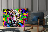 Eye of the Tiger glass print enhancing a living room with cinematic mood