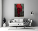 Ballerina close-up showing dancer wrapped in billowing crimson silk veil