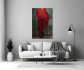 Ballerina close-up showing dancer wrapped in billowing crimson silk veil