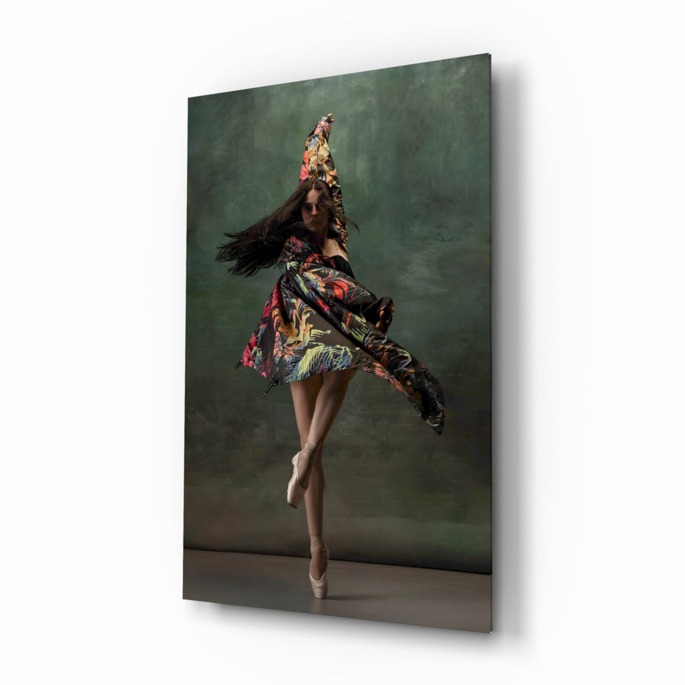 Ballerina glass wall art displayed beside a walnut credenza in a moss-painted hallway with herringbone floor and brass picture light