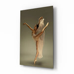 Ballerina glass wall art displayed above a linen bed in a fawn-toned bedroom with rattan nightstands and brushed-brass sconces