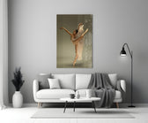 Ballerina close-up showing high arabesque with cream chiffon trailing from wrist