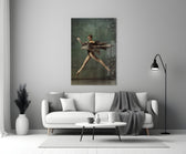Ballerina close-up showing dancer mid-leap with billowing slate trench