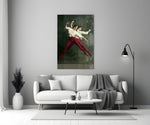 Fencing glass wall art styled above a console in a hallway