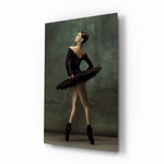 Ballerina glass wall art displayed above a charcoal velvet bed in a moss-painted bedroom with brushed-brass sconces and onyx nightstands