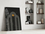 The Dot and Lines glass print enhancing a hallway with cinematic gravity