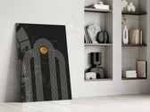 The Dot and Lines glass print enhancing a hallway with cinematic gravity