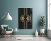Two Dots glass wall art styled above a desk in an office