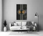 Two Dots close-up showing symmetric pinstripe curves cradling two gold circles