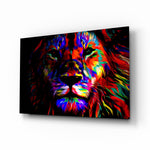 Lion glass wall art displayed above a black gaming sofa in a brick-walled lounge with neon arcade sign and matte-black coffee table