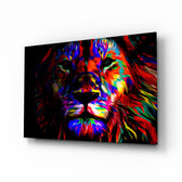 Lion glass wall art displayed above a black gaming sofa in a brick-walled lounge with neon arcade sign and matte-black coffee table