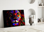 Lion close-up showing painterly mane in magenta cobalt marigold and emerald