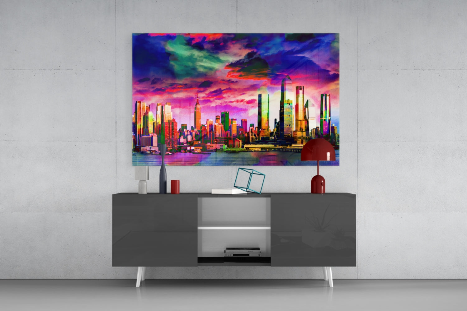 Colorful Silhouette of the City Glass Wall Art.