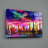 Pop-cityscape panel bringing electric drama to a contemporary lounge