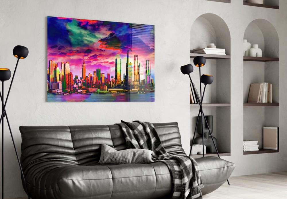 Colorful Silhouette of the City glass wall art styled above a sofa in a living room