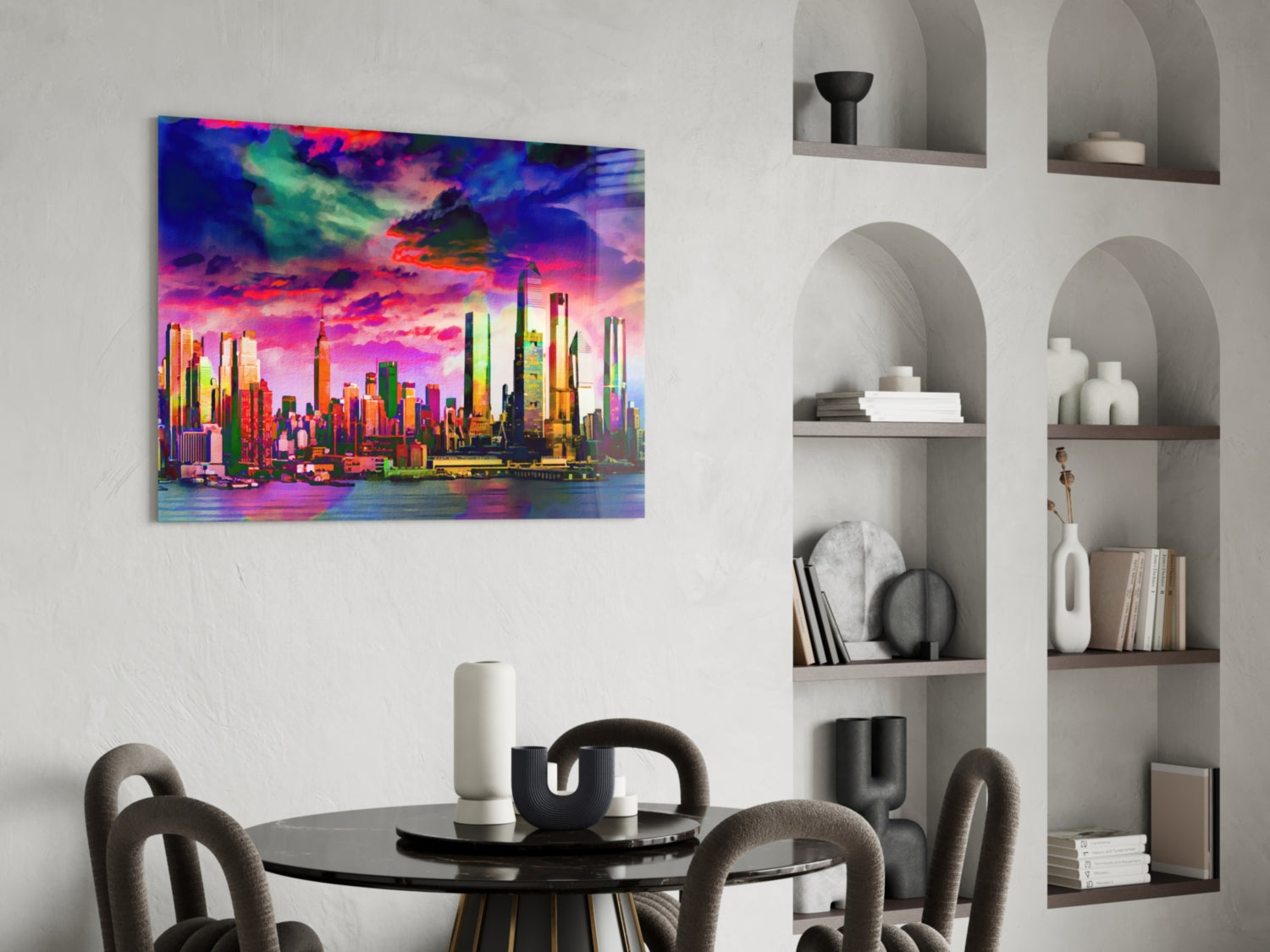 Colorful Silhouette of the City Glass Wall Art.