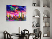 Colorful Silhouette of the City panel adding editorial drama to a gaming room