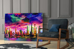 Colorful Silhouette of the City glass print enhancing an office with cinematic mood