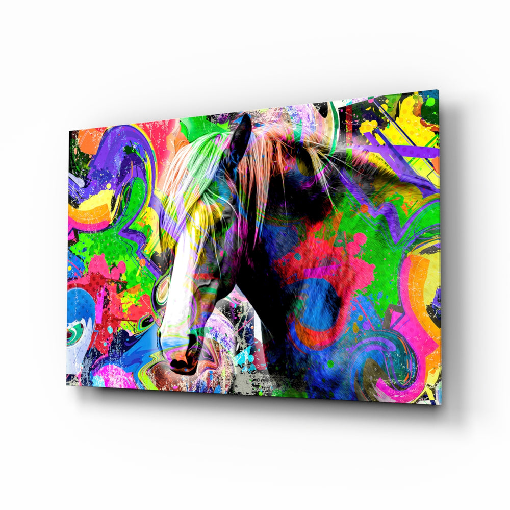 Colored Horse glass wall art displayed above a black gaming sofa in a brick-walled lounge with neon arcade sign and matte-black coffee table