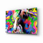 Colored Horse glass wall art displayed above a black gaming sofa in a brick-walled lounge with neon arcade sign and matte-black coffee table