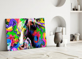 Colored Horse close-up showing horse face amid neon splatter swirls